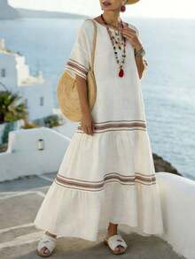 Holidaya Vestido de mujer casual de vacaciones de cuello redondo y manga corta con estampado de rayas en color albaricoque de tejido arrugado: Vestido de vacaciones para mujer, vestido color albaricoque, vestido de rayas, vestido casual, vestido de vacaciones para mujer. Vestido de playa, vestido de verano de isla, vestido elegante, vestido largo de outfit de verano, vestido de playa - Albaricoque - Ver 5