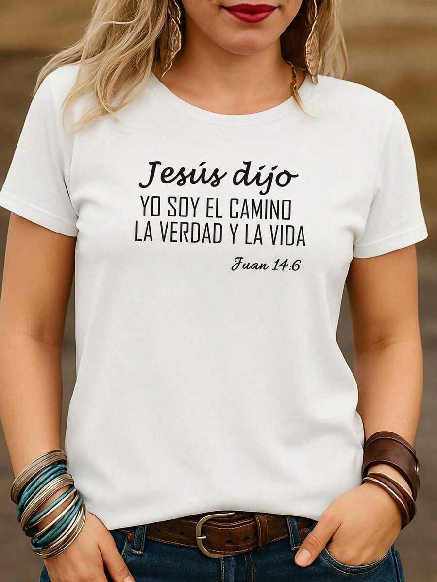 Blusas de Mujer, Camiseta de Mujer, Algodón Rojo, Estampado Cristiano "Jesús dijo: Soy el camino, la verdad y la vida (Juan 14:6)", Camiseta Casual para Uso Diario, Cuello Redondo, 100% Algodón, Tela Suave, Manga Corta, Transpirable y Fresca, Camiseta Deportiva para Mujer, Camiseta Deportiva para Mujer. - Blanco - Ver 1