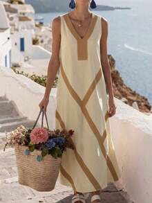 Vestido bohemio nuevo de mujer en color albaricoque y negro con diseño de patchwork, vestido largo y holgado para vacaciones, viajes, tarde de té - Albaricoque - Ver 4
