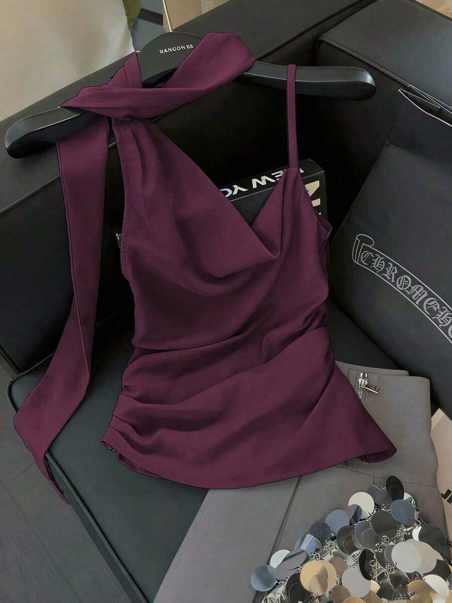 Women's Solid-Color, Asymmetrical, Pleated-Waist Tank Top, Ideal For Spring/Summer, Romantic French Sicilian Style, Elegant And Casual, For Work, Vacation, Afternoon Tea, Valentine's Day, Weddings And Parties - 紅色 - 查看 1