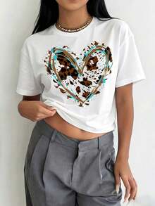 1 pieza de camiseta estética de estilo western con estampado de corazón para mujer - Top casual de manga corta y cuello redondo con estampado de temática western, blusa de elasticidad media - Compatible para uso en verano y primavera, lavable a máquina, no adecuada para atuendos casuales y salidas diarias, 180g de algodón 100%. - Blanco - Ver 1