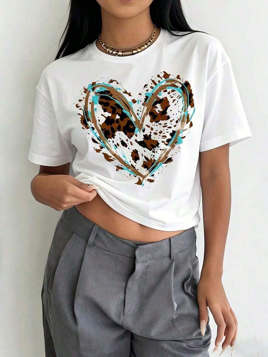 1 pieza de camiseta estética de estilo western con estampado de corazón para mujer - Top casual de manga corta y cuello redondo con estampado de temática western, blusa de elasticidad media - Compatible para uso en verano y primavera, lavable a máquina, no adecuada para atuendos casuales y salidas diarias, 180g de algodón 100%. - Blanco - Ver 1