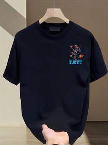 Camiseta de manga corta estampada a la moda para hombre, de algodón puro de peso pesado para verano, estilo coreano y japonés, prenda masculina versátil. - Negro - Ver 1
