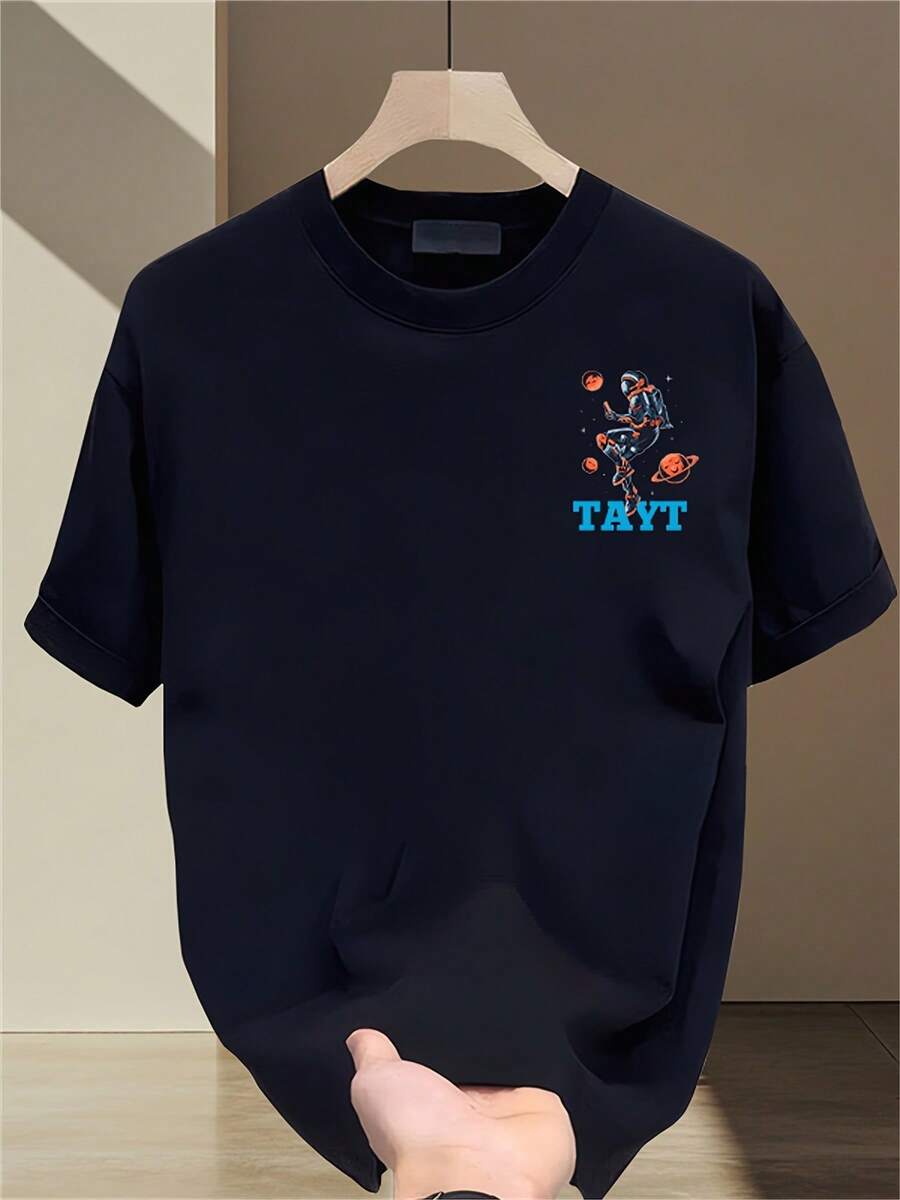 Camiseta de manga corta estampada a la moda para hombre, de algodón puro de peso pesado para verano, estilo coreano y japonés, prenda masculina versátil. - Negro - Ver 1