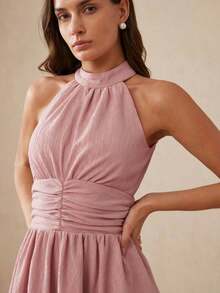 xheAveloria Revavyn Vestido maxi de tela elástica con textura de color liso y estilo romántico francés clásico, diseño de cuello alto sin mangas, cintura fruncida con silueta acampanada, decoración de volantes en el bajo, estilo vintage elegante y de lujo para mujer, adecuado para uso diario, citas, vacaciones y bodasxhe - Rosa vieja - Ver 5