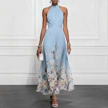 Vestido largo elegante de cuello redondo, sin mangas, con cordón y estampado posicionado - Azul - Ver 1