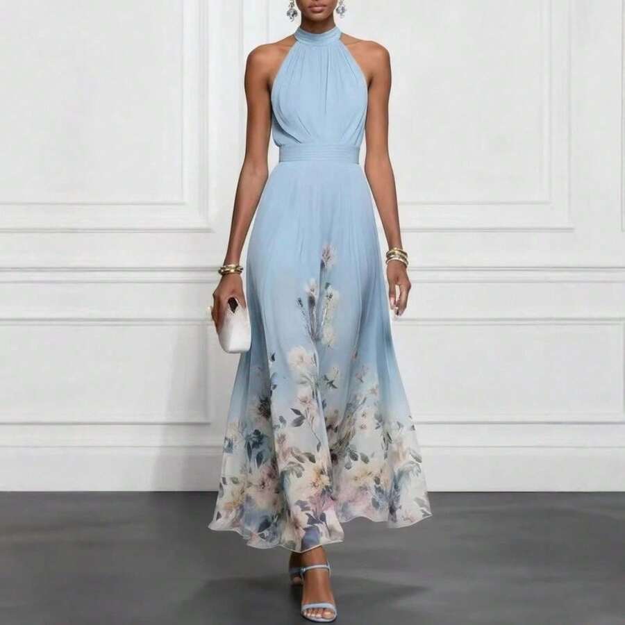 Vestido largo elegante de cuello redondo, sin mangas, con cordón y estampado posicionado - Azul - Ver 1