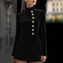 Women's Dress, High Neck, Simple Buttons, Solid Color, Fitted, Elegant, New Autumn Season - 黑色 - 查看 8