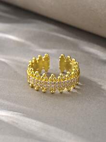 2 piezas Juego de brazalete y anillo de cobre con flor de circonita cúbica hueca estilo europeo de lujo, regalo personalizado de alta gama adecuado para la novia, apto para usar en banquetes - Dorado - Ver 6
