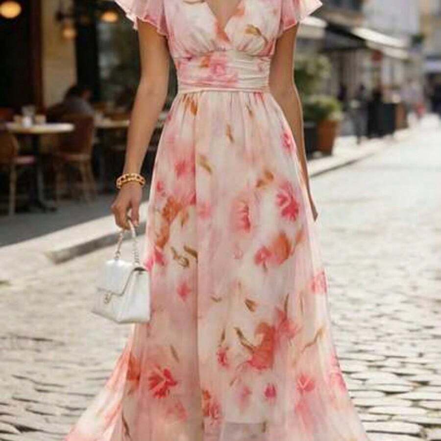 guang zhou mi qian shang mao  Vestido midi de línea A con cintura ceñida, cuello en V, volantes en el bajo y estampado floral, elegante y romántico para ocasiones festivas - Multicolor - Ver 1