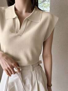 Suéter holgado de punto de unicolor con cuello, estilo casual y de negociospara mujer - Beis - Ver 2