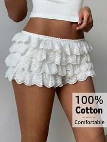Pantalones cortos de mujer con volantes en el bajo, de unicolor, para vacaciones y uso casual - Blanco - Ver 8