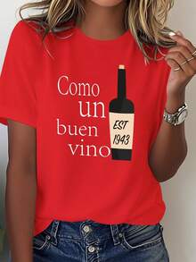 Women's Funny Spanish Style T-Shirt With Vintage 1943 Wine Bottle Print - 100% Soft, Casual, Loose Fit, Printed With "Come Uno Bebió Vine" And "Est. 1943" - Comfortable Everyday Wear, Suitable For All Seasons. - 紅色 - 查看 7