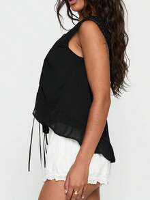 Women's Coquette Cream Lace Trim Camisole Y2K Square Neck Ruffled Hem Drawstring Ruched Top For Summer - Negro - Ver 4