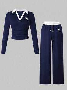 Teen Girl Knight Print Colorblock Long Sleeve T-Shirt And Pants Casual Daily Outfit - Royal Blue - View 1
