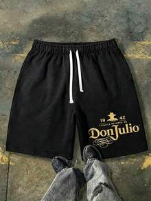 230g Washed Shorts, Featuring The Classic Logo Of The Famous Mexican Tequila Brand "Don Julio" Printed On The Side, Including The Words "1942" And "TEQUILA RESERVA DE," As Well As A Cowboy Silhouette Pattern. These Men's Retro Washed Casual Streetwear Shorts Have An American Fishing Culture Feel, Perfect For Summer. Comfortable And Breathable, Suitable For Everyday Wear, They Feature An Adjustable Drawstring Waist, Elastic Waistband, And Pockets. - 黑色 - 查看 1
