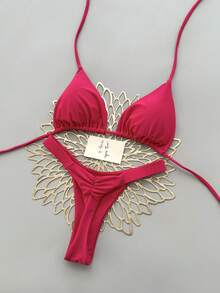 Bộ bikini 2 mảnh phong cách bohemian thanh lịch, gợi cảm, họa tiết hoa, buộc dây, thích hợp cho kỳ nghỉ biển, mùa xuân/hè. - Màu Hoa hồng đỏ - Xem 1