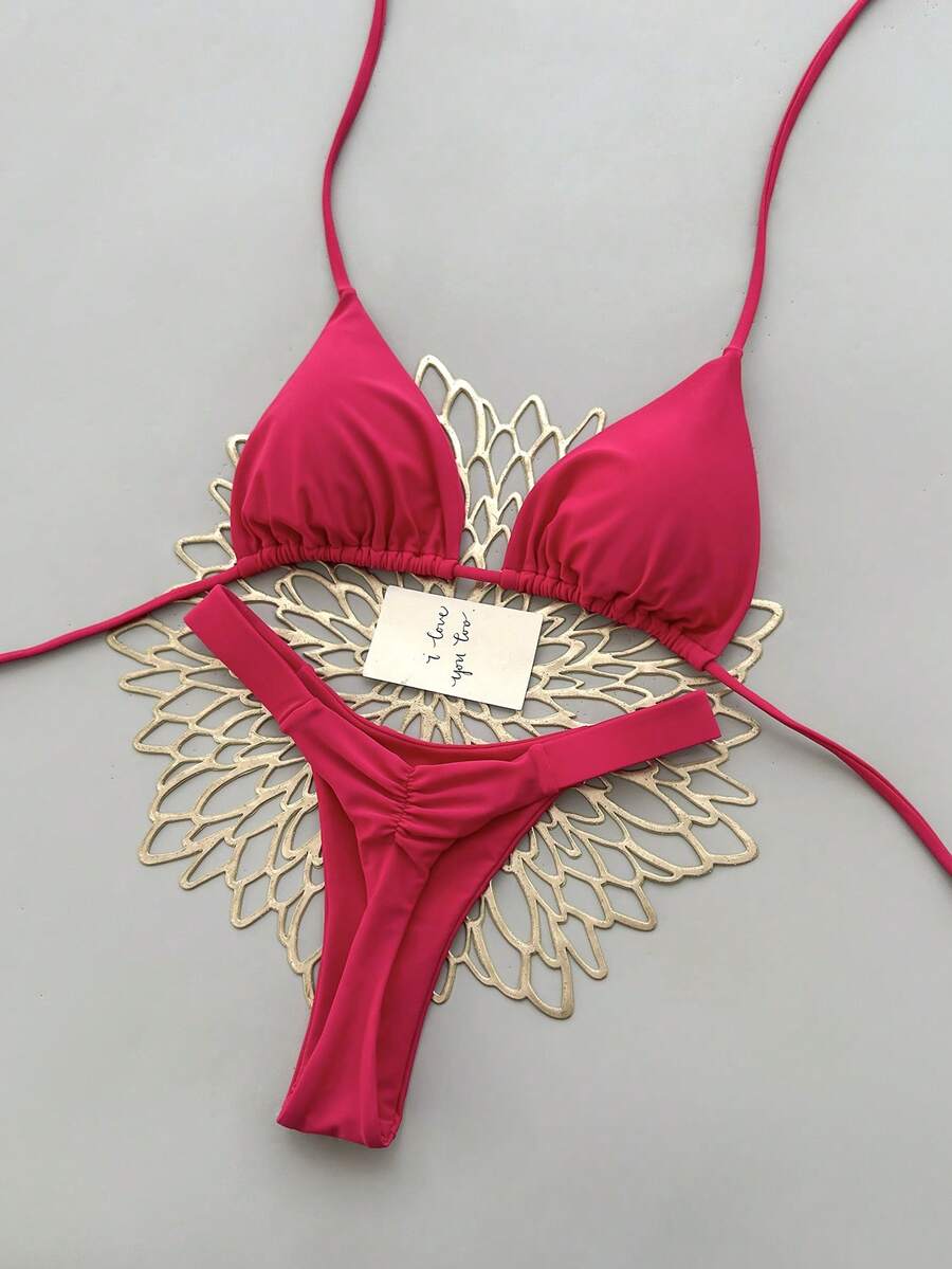 Bộ bikini 2 mảnh phong cách bohemian thanh lịch, gợi cảm, họa tiết hoa, buộc dây, thích hợp cho kỳ nghỉ biển, mùa xuân/hè. - Màu Hoa hồng đỏ - Xem 1