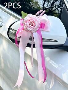 2PCS Wedding Car Rearview Mirror Flower With Suction Cup, Cream White Artificial Rose Bow Satin Ribbon Streamers For Bridal Convoy, Door Handle Decor - Multicolor - View 10