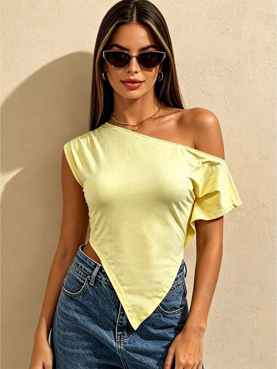 Womens Off One Shoulder Tops Solid Color Slim Fit Short Sleeve Asymmetrical Pointed Hem T-Shirt - Yellow - View 1