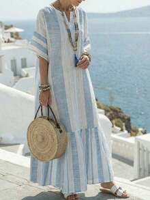 Vestido de mujer con cuello en V estampado, manga corta, tonos azules, vestido casual elegante para vacaciones/viajes, nueva moda primavera/verano 2026 - Multicolor - Ver 4