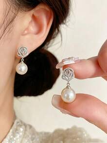 1 Đôi bông tai ngọc trai giả hình giọt nước chất lượng cao dành cho cô dâu, trang sức cưới, trang sức cho phù dâu, trang sức lễ hội. - Bạc - Xem 3