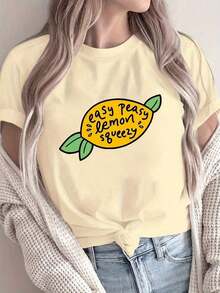 Women's Lemon Print T-Shirt, Short Sleeve T-Shirt, Round Neck T-Shirt With "Easy As A Pie" Print, Casual Summer Off-Shoulder T-Shirt, Women's Casual Summer Style Clothing. - 杏色 - 查看 6