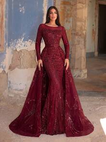 Faeriesty Đầm dạ hội dài tay đính sequin dáng đuôi cá sang trọng dành cho nữ - Thêu tinh xảo, dáng ôm xòe, đính pha lê toàn thân, thích hợp cho các buổi tiệc cưới trang trọng, sự kiện thảm đỏ, dạ hội và các buổi lễ kỷ niệm. - Màu Đỏ Sâu - Xem 2