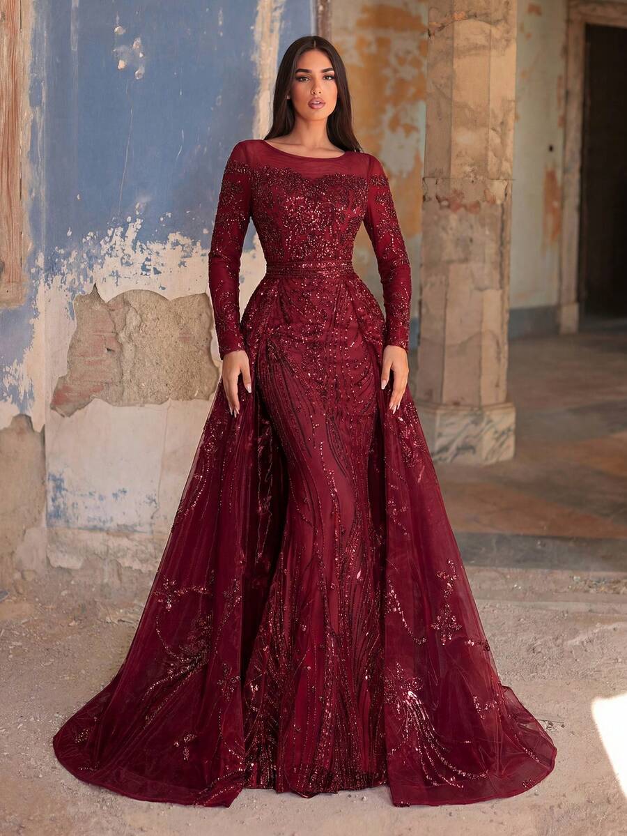 Faeriesty Đầm dạ hội dài tay đính sequin dáng đuôi cá sang trọng dành cho nữ - Thêu tinh xảo, dáng ôm xòe, đính pha lê toàn thân, thích hợp cho các buổi tiệc cưới trang trọng, sự kiện thảm đỏ, dạ hội và các buổi lễ kỷ niệm.