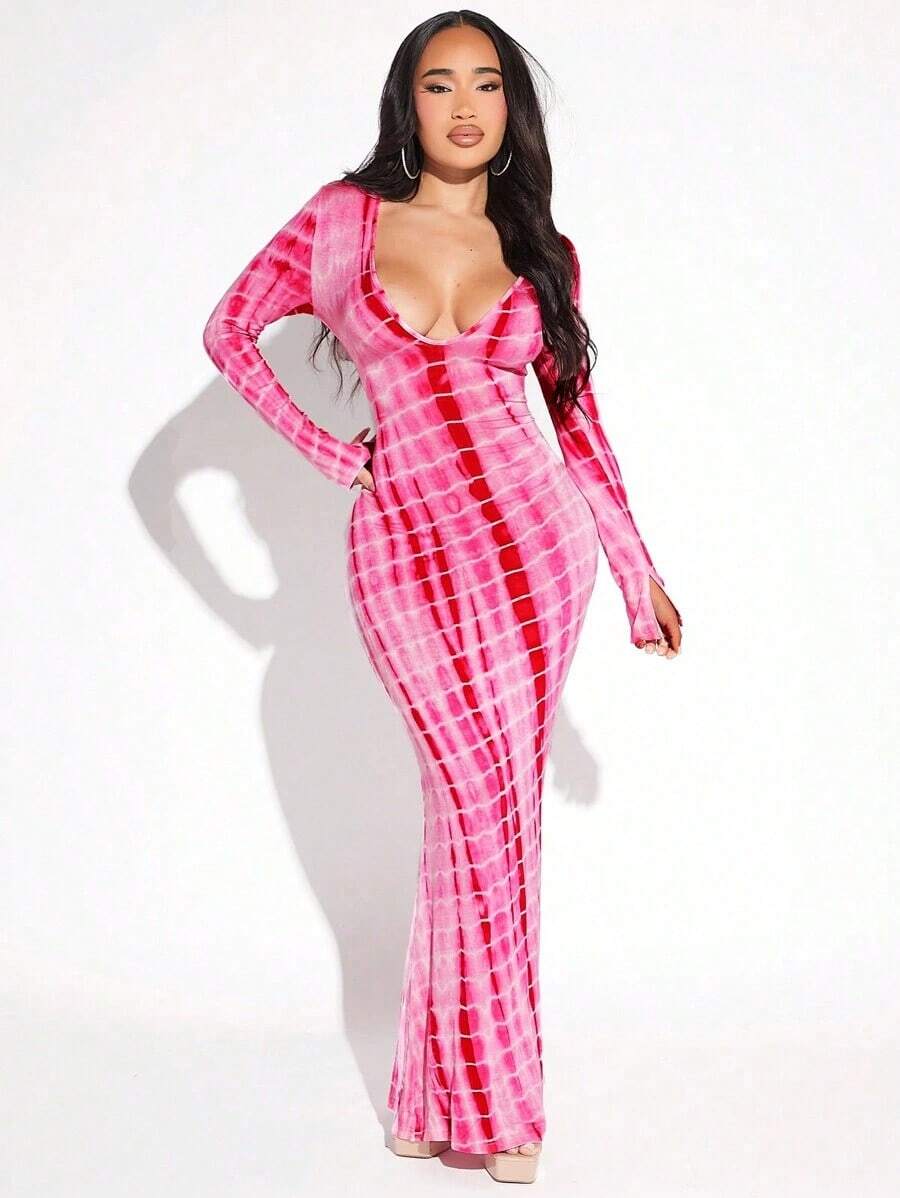 Vestido De Manga Larga Con Cuello En V Profundo Teñido Anudado Y Parte Inferior Ajustada - Rosa - Ver 1