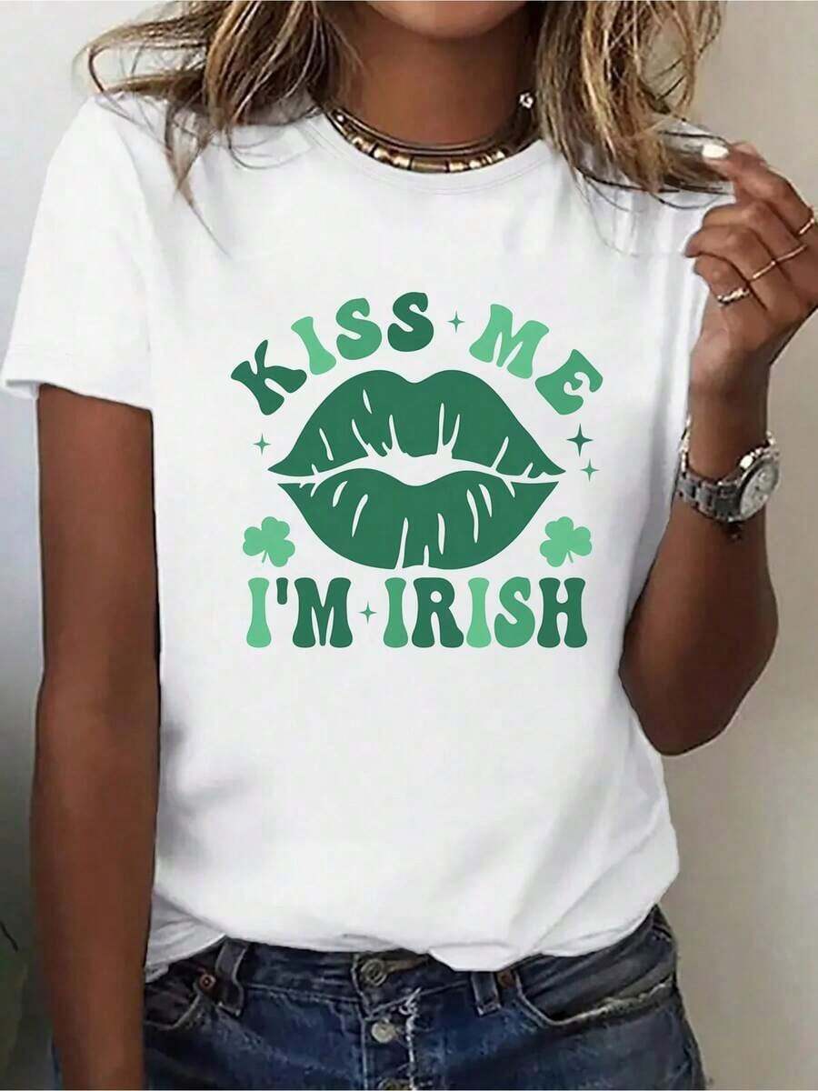 100% algodón puro Camiseta Deportiva de Moda para Mujer con Estampado de la Frase "I'm Irish" y Trébol de Cuatro Hojas, Cuello Redondo, Manga Corta, Cómoda, Camiseta Deportiva para el Día de San Patricio, Camiseta Conmemorativa del Día de San Patricio - Blanco - Ver 1