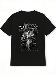 Maglietta nera da uomo in stile gotico heavy metal - con grafica a lettere maiuscole e teschio - maglietta da concerto per band, abbigliamento casual di tutti i giorni - maglia girocollo lavabile in lavatrice, outfit da concerto, stile audace, materiale durevole, top di , moda alternativa - nero - Visualizzare 1