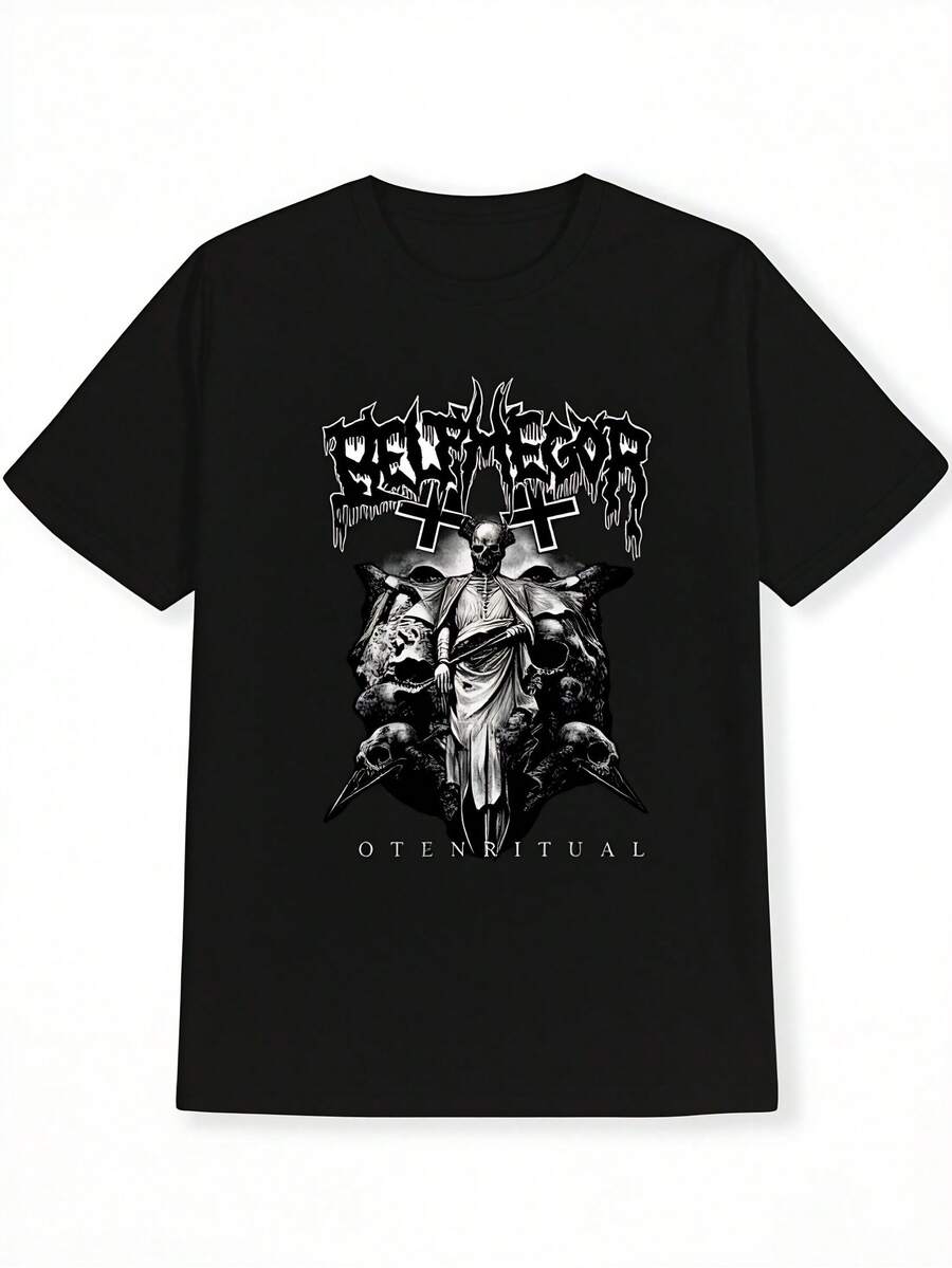 Maglietta nera da uomo in stile gotico heavy metal - con grafica a lettere maiuscole e teschio - maglietta da concerto per band, abbigliamento casual di tutti i giorni - maglia girocollo lavabile in lavatrice, outfit da concerto, stile audace, materiale durevole, top di , moda alternativa - nero - Visualizzare 1