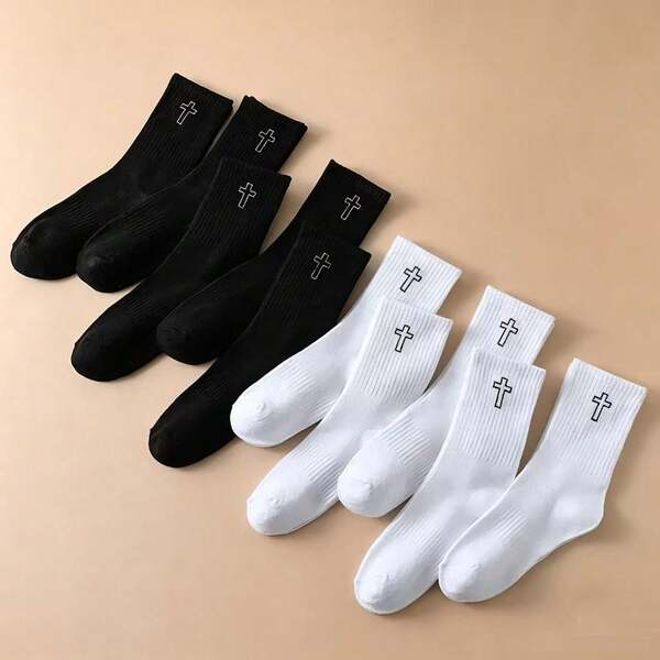 10 đôi tất đơn giản đen trắng, dài đến bắp chân, kiểu dáng unisex, màu trơn, đa năng, tối giản, phù hợp cho sử dụng hàng ngày.
