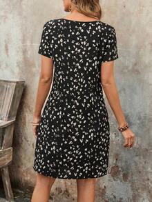Vestido casual de vacaciones con estampado integral y bolsillos para mujer - Negro - Ver 2