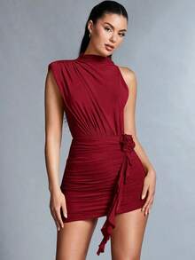Vestido con hombro asimétrico, pliegue y arrugado, con decoración de flor 3D para damas - Burdeos - Ver 9