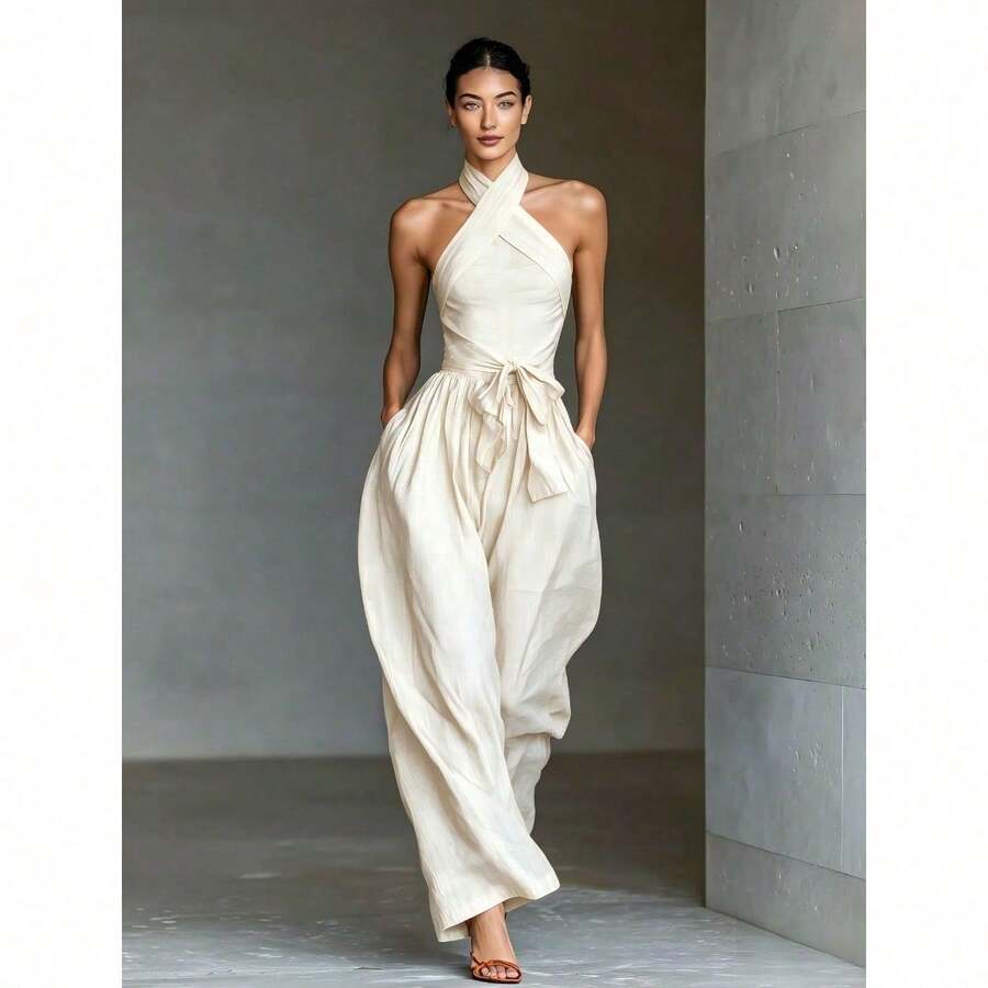 Mono nuevo para mujer de lino con tirantes cruzados, cordón ajustable y pantalones anchos - Blanco - Ver 1