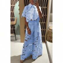 Conjunto Casual para Mujer Nueva Temporada Verano, Blusa Encaje Calado + Pantalones Largos - Azul - Ver 8