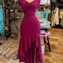 YijiaNvz  Vestido ajustado con hombros descubiertos y efecto retorcido, elegante y sexy para mujer - Verde - Ver 2