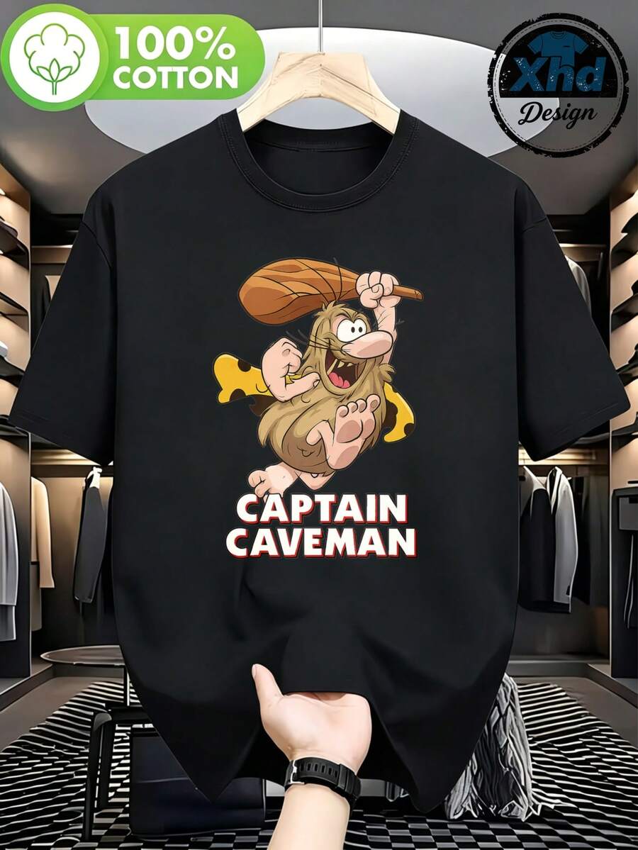 Men's T-Shirt Featuring A Cartoon Character Captain Caveman Holding A Club. Comfortable And Versatile Short-Sleeved Casual Outdoor Wear. - 黑色 - 查看 1