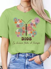 Camiseta de Mujer con Alfabeto Español - Aprendizaje del Idioma Español, Blusa Casual de Manga Corta y Cuello Redondo para Clases de Español y Atuendo casual - Verde - Ver 1