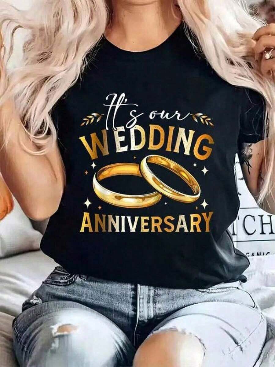 % Algodón Nuestro Aniversario de Bodas Feliz Boda Recién Casados Camiseta Estampada de Cuello Redondo para Verano, Camiseta Suave de Manga Corta para Mujer, Camiseta Elegante y Cómoda para Mujer, Camisetas con Estampados - Negro - Ver 1