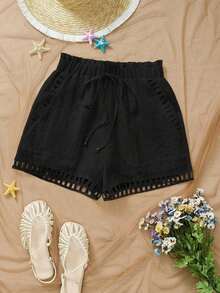 Pantalones cortos casuales sueltos con cintura de corbata a rayas para mujer - Negro - Ver 3