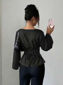 Blusa de manga larga con rayas y pliegues en la espalda para mujer - Negro - Ver 2