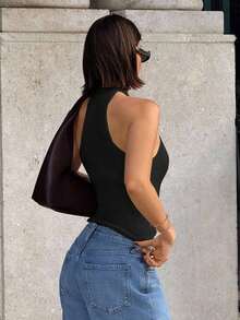 Top de punto con decoración metálica y cuello halter para mujer, 2025 - Negro - Ver 2