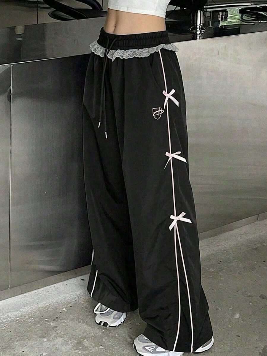 Pantalones casuales de mujer con estampado, cintura con cordón y bolsillos - Negro 4 - Ver 1