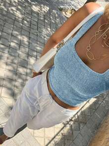 Camiseta sin mangas de punto con cuello cuadrado brillante y estilo Y2K sexy y lindo para mujer, ideal para uso casual, al aire libre, citas, diario, calle, viajes, vacaciones, festivales de música, festivales rurales, color dorado claro para verano - Azul - Ver 4