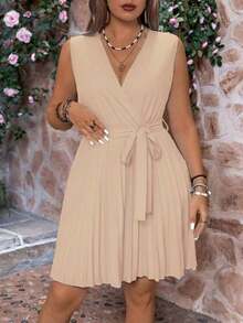 Vestido de verano sin mangas con cuello en V, unicolor, cruzado y plisado, talla grande, color borgoña, para Navidad y Acción de Gracias, conjunto de mujer - Albaricoque - Ver 5