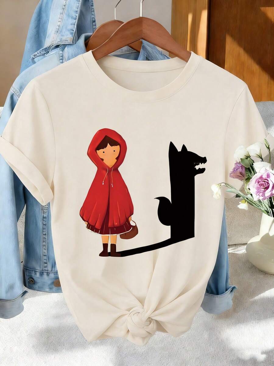 Women's Casual Holiday T-Shirt, Little Red Riding Hood, Shadow Wolf And Dark Fairy Tale Print T-Shirt, Short Sleeve And Round Neck, Suitable For Spring And Summer, Ideal Gift For Birthdays Or Parties, Casual Work T-Shirt, Minimalist Short Sleeve Printed T-Shirt For Office And Autumn. - 杏色 - 查看 1