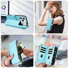 eaacaa 1 chiếc ốp lưng điện thoại kiểu ví gập cổ điển với nhiều khe đựng thẻ, dây đeo cổ tay, chống sốc và chống trộm cho iPhone 17 Pro Max/17 Pro/AIR/17/17e/16 Pro Max/15/14/13/12/11, dòng A16 - màu xanh da trời - Xem 10